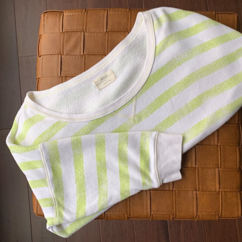 🔴 2+/$15 sale | Aerie Cropped Crewneck Lounge Sweatshirt Green & White Stripe